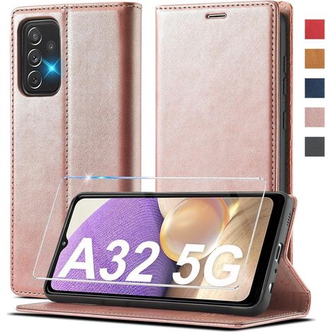 Coque portefeuille Samsung A32 5G en cuir PU, protection 360°, avec béquille et porte-cartes, rose (1/5)