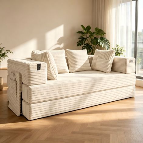 Fabulcozy Canapé-Lit Convertible 2-en-1 en Velours Côtelé, Canapé De Sol Pliable avec Accoudoirs De Rangement, Matelas Lavable Et Design Moderne, Canapé Idéal pour Petits Espaces, blanc (1/5)