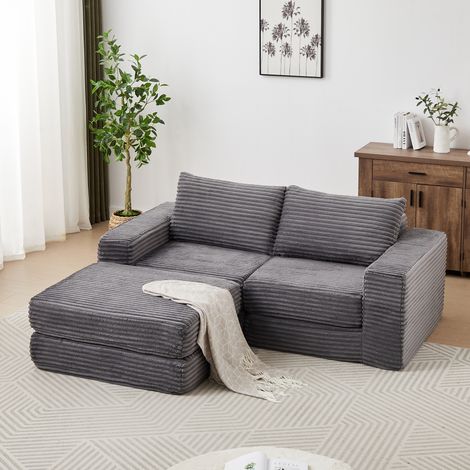 Sofá cama modular de pana gris, con puff móvil y reposabrazos cuadrados, OKWISH (1/5)