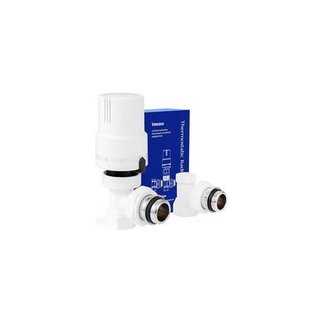Robinet Thermostatique + Robinet de Retour Kit Complet 1/2 "(15×21), Raccord Étanche, Régulateur de Radiateur, Coude en Équerre, Blanc Intégral, Sonde Liquide, Protection Anti-Gel, Norme EN215 (1/5)
