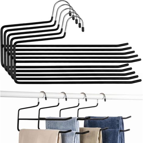 Lot de 5 Cintres Pantalons à Doubles Tringles Antidérapants - Cintres à Extrémités Ouvertes, Gain de Place pour Jeans/Écharpes/Serviettes (Noir, 32.5×17.5cm) (1/5)
