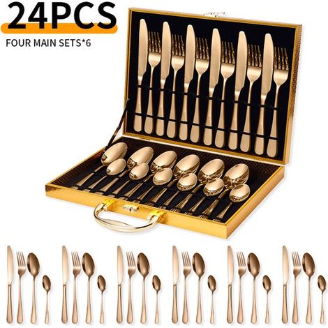 Service de table 24 pièces en acier inoxydable - Service de table - Service de couverts - Service de table 6 personnes - Avec boîte de rangement - Acier inoxydable - Or rose (1/5)