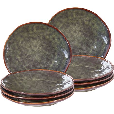 Conjunto de 8 platos de postre de gres caolín artesanal acabado esmalte reactivo verde oscuro Thyme (1/5)