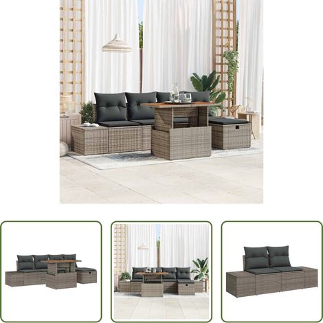 Gartentisch - Gartensofa-set mit Kissen mit Speicher 6 pcs Grau Poly-Rattan (1/5)