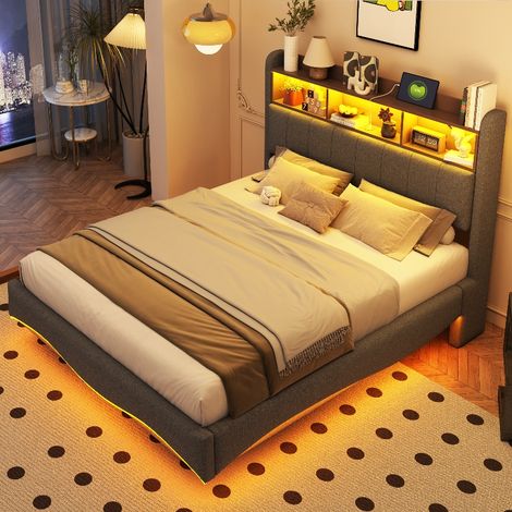 Polsterbett 140x200 grau Schwebebett mit LED-Beleuchtung und Stauraum, multifunktionales Design mit USB & Typ-C, pflegeleichter Leinenstoff (1/5)