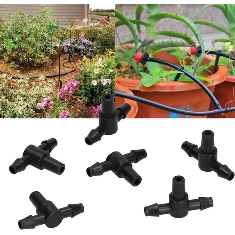 Lot de 100 raccords en T 4/7 pour tuyau d'arrosage, destinés à un système d'irrigation goutte à goutte de jardin. (1/5)