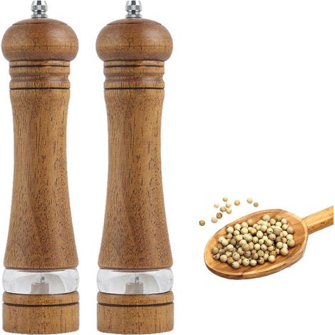 Juego de 2 molinillos de pimienta de madera, saleros y pimenteros manuales con ventanas de cerámica ajustables y transparentes, molinillos para sal marina, chile y especias (22 cm)
