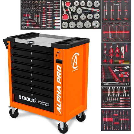 Carro de Taller Mecánico BM TOOLS ALPHA-PRO - 9 Cajones - 311 HERRAMIENTAS, 4 ruedas, 2 frenos, Carro MECÁNICO - Naranja (1/5)