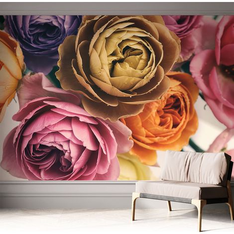 Papier peint autocollant Mural avec colle pour salon et chambre Décoration murale rapide Roses colorées 312x219 cm (1/5)