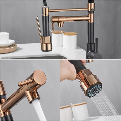 Robinet de cuisine monobloc avec douchette rétractable, mitigeur à levier unique pivotant à 360° avec 2 jets et deux buses (or rose noir) MNS (1/4)
