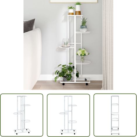 The Living Store Jardinière à 5 niveaux avec roues 44x23x100 cm Blanc Fer - Support Plante - Jardinerie - Étagère Murale - Fleur Pot - Décoration Intérieur (1/5)