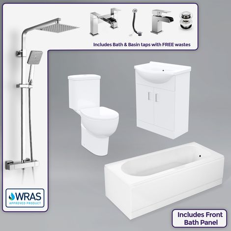 Ambon 1700mm Bath, 550mm Basin Flat Pack Vanity Unit, Close Coupled Toilet, Shower Slider Raill Kit, Bath and Mono Mixer & Wastes White