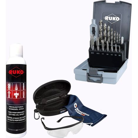 RUKO  Juego  de  machos  de  roscar  HSS,  6  piezas,  M3–M10  incl.  spray  y  gafas  de  seguridad  -  WZS245004RO