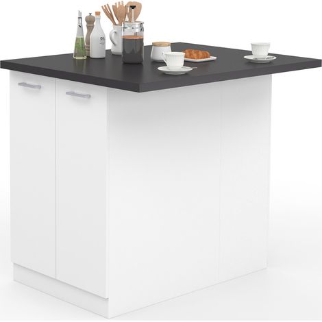 Idmarket – Îlot central IVO 100 cm blanc – Plan de travail gris anthracite – Dimensions 100x80x90 cm – Rangement intégré avec 2 portes – Design moderne