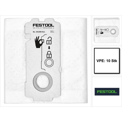 Festool – Lot de 10 sacs filtres pour aspirateurs CT MINI et CT MIDI – Compatible avec modèles 2019 – Volume max 15L – Pour poussières L et M - MIDI-2