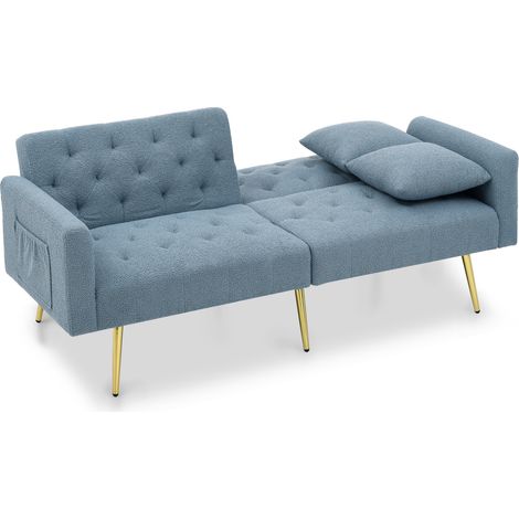 Divano 2 posti in tessuto teddy blu con schienale reclinabile e gambe in metallo (1/5)