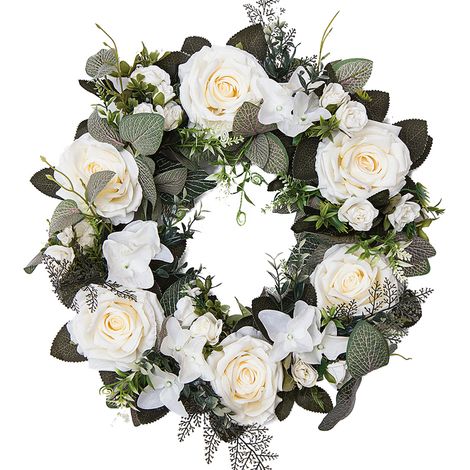 Couronne de roses artificielles de 45 cm (17,7 pouces) - Décoration florale printanière et estivale pour porte d'entrée, mur, fenêtre, fête, mariage - Blanche (1/2)