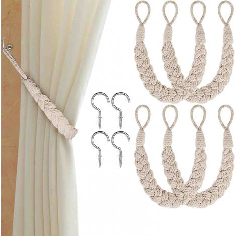 Lot de 4 attaches de rideaux en cordon, attaches de rideaux en cordon beige, attaches de rideaux, attaches de rideaux avec crochets en métal pour la maison, le bureau (1/5)