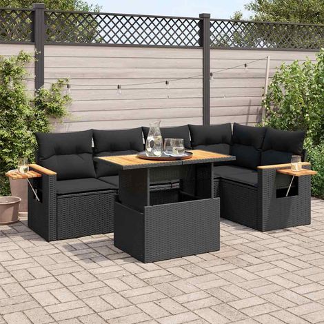 vidaXL Set sofás jardín y cojines 6 pzas ratán sintético acacia negro (1/4)