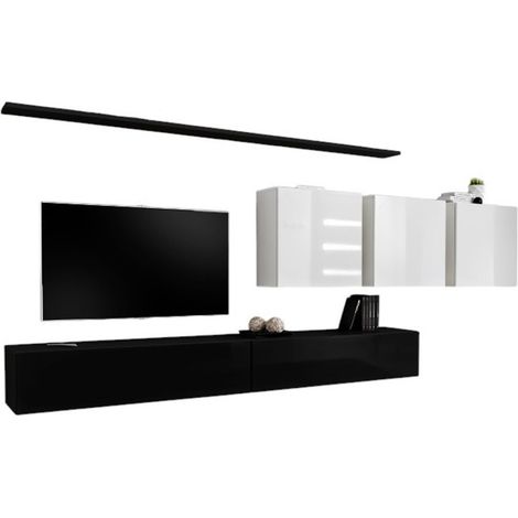 Set mobile soggiorno SWITCH VII – Nero e bianco lucido – Design sospeso e moderno (1/2)