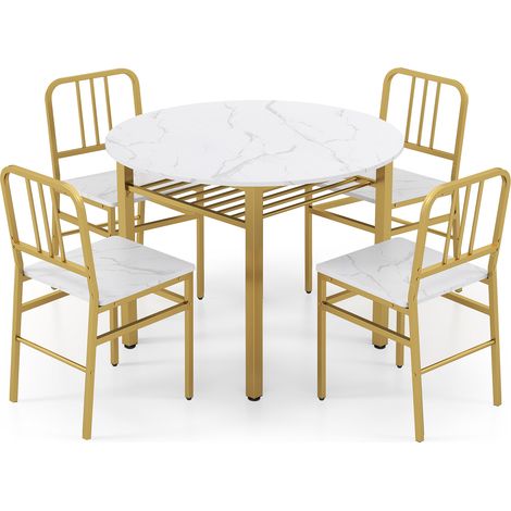 COSTWAY 5 Piece Dining Table Set Round Kitchen Table & 4 Chairs-White (1/5)