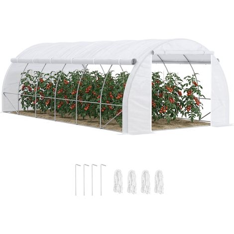 Serre de jardin 18 m² dim. 6L x 3l x 2H m avec porte + parois latérales zippées enroulables, 12 fenêtres, acier PE haute densité 140 g/m² Anti-UV blanc (1/5)