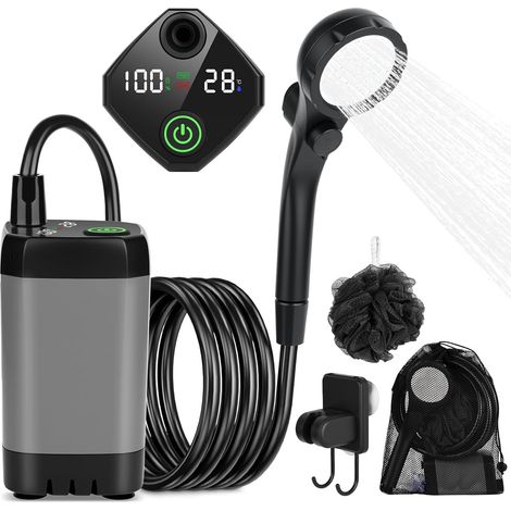 Camping Shower Kit, 7800 mAh Portable Shower, Rechargeable Electric Shower Pump, Camping Shower with Smart Display, Adjustable Shower Head and Hose, for Outdoor, Camping (1/5)