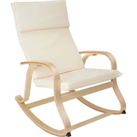 Fauteuil à bascule avec accoudoirs cadre en bois et coussin beige