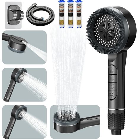 Pommeau de Douche Haute Pression Anti-Calcaire avec Tuyau 1,5m et Support - Douchette Filtrante 4 Modes de Jet, Gris Métallisé