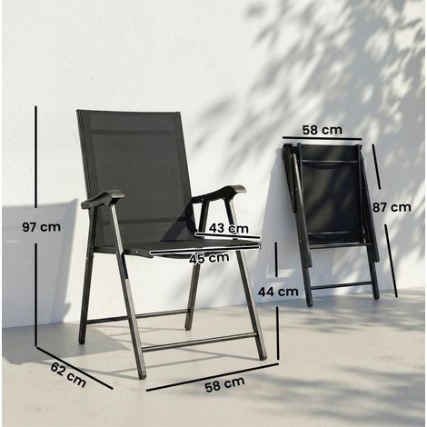 Chaise de jardin pliante haute avec accoudoirs, lot de 2, acier et Texteline, noire DESVIAE (1/5)