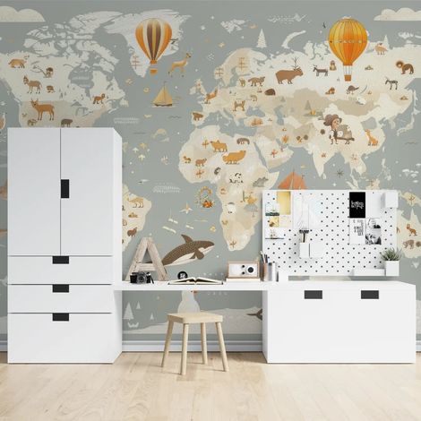 Papier Peint Enfant - Carte du Monde Animale - 150 x 250 cm (1/2)