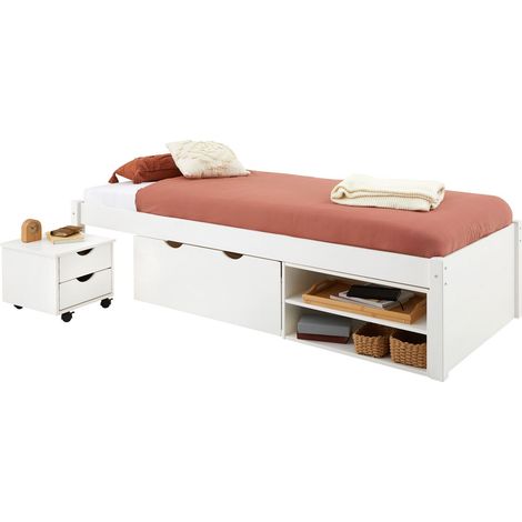 Idimex – Lit fonctionnel avec tiroirs 90x190 cm – Cadre en pin massif lasuré blanc – Grand tiroir sur roulettes – Étagère intégrée pour petits espaces (1/4)
