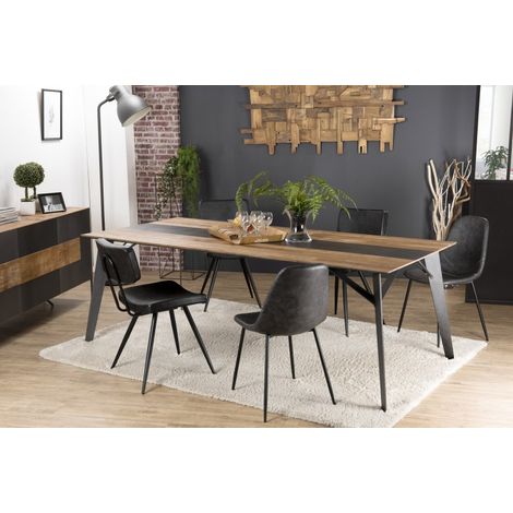 MAXENCE - Table à manger rect. 220x100cm bois Teck recyclé, pieds noir (1/5)