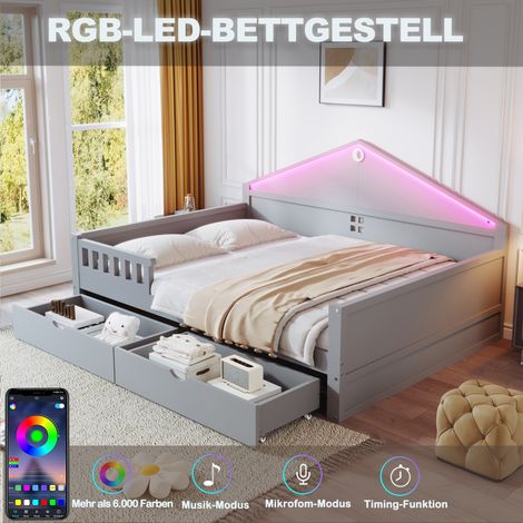 Lit simple junior 140x200 cm avec tête de lit lumineuse, tiroirs de rangement intégrés et sommier à lattes, gris, chambre d'enfant, literie complète pour ado. (1/5)