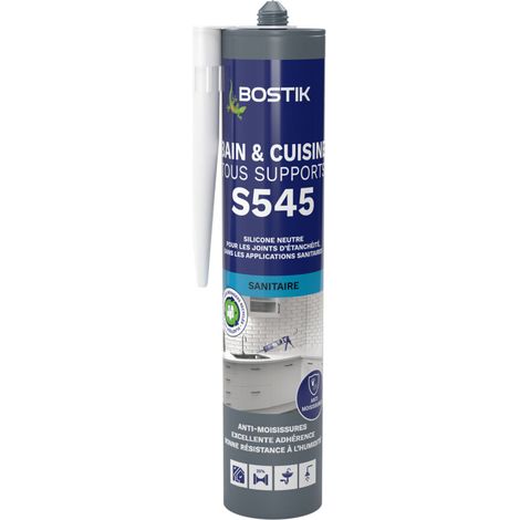 Bostik S545 – Mastic Silicone Bain et Cuisine – Jointe Tous Matériaux – Traité Anti-Moisissures – Conservation Longue Durée – Couleur : Blanc – Cartouche 300 ml (1/3)