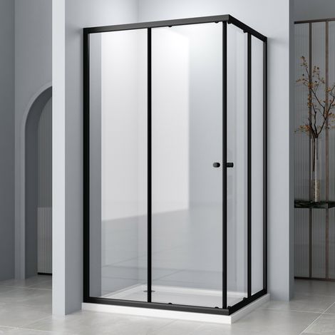 Schwarz Duschkabinen 100x100cm Schiebetür Duschkabine Eckeinstieg mit Doppel Schiebetüren Duschabtrennung Duschschiebetür 6mm ESG Glas, LINKS & RECHTS MONTIERBAR, Höhe 185cm (1/4)