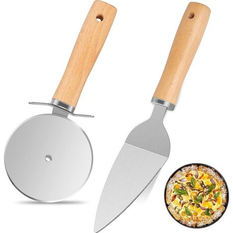 Coupe-Pizza Set De 2, Rouleau À Pizza Et Pelle À Pizza Avec Lame En Acier Inoxydable Et Manche En Bois, Pizza Cutter Pour Couper La Pizza Gâteau Pain (Couleur Bois) (1/5)