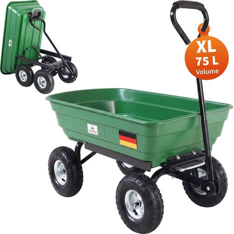 Chariot de jardin à main 75L vert avec benne basculante Remorque 4 pneus max 300 kg Jardinage