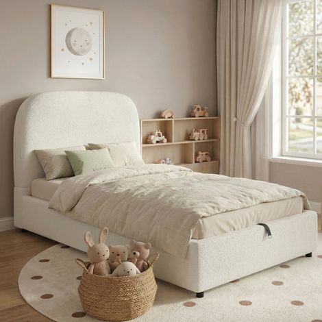 Lit coffre 90x200 cm en tissu bouclé beige, lit enfant avec tête de lit lavable, coins arrondis et sommier à lattes