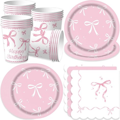 Ensemble de vaisselle de fête en forme de nœud rose, assiettes d'anniversaire, gobelets, assiettes en carton pour fille, femme, anniversaire d'enfant 16 invités (1/5)