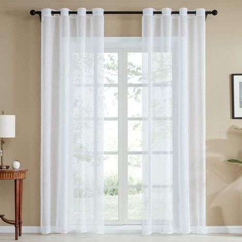 Rideau Voilage - FOLAYA - 140x225 cm - Blanc - Semi-Transparent - Effet Lin (1/3)