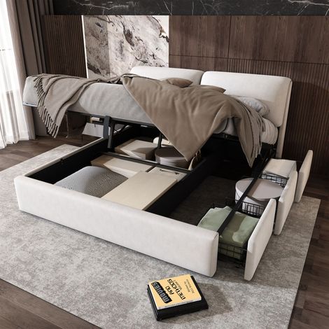Lit capitonné en velours beige 180 x 200 cm avec sommier hydraulique, tête de lit intégrée, sommier à lattes, 3 tiroirs de rangement et coffre de rangement intégré — sans matelas (1/5)