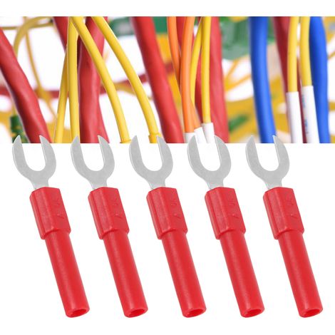 Prise banane en forme de U J.20016, broches en forme de U de 6 mm, broches en forme de Y de 6 mm, avec fiche banane de sécurité de 4 mm à l'extrémité, vendue par paquets de 10, rouge. (1/5)