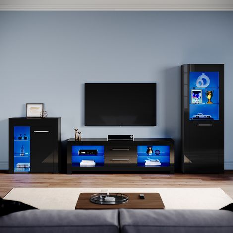 ELEGANT Living Room Set Modern High Gloss Fronts with LED Light, 1600mm TV Stand, Display Cabinet with Glass Shelf Bookcase Sideboard Cupboard, Black (1/5)