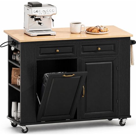 ELVMI Desserte de Cuisine avec Plan Relevable, Compartiment à Poubelle, Porte-serviettes et Roulettes, Cuisine, 120×40-70×92 cm, Noir et Naturel (1/5)