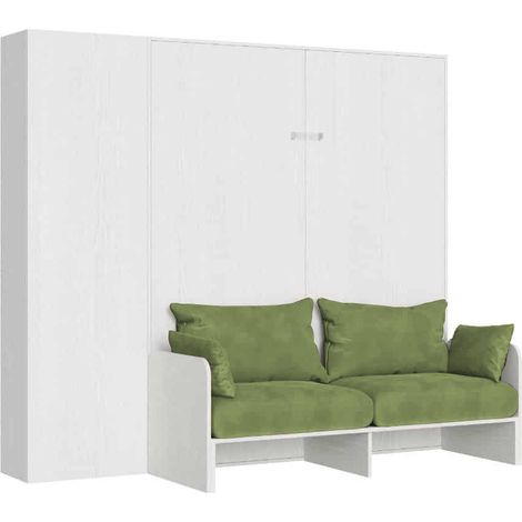 Lit double escamotable Kentaro 160 cm avec canapé et colonne en frêne blanc et vert