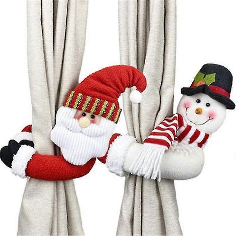 Deux embrasses de rideaux de Noël ornées de motifs de Père Noël et de bonhommes de neige. (1/5)