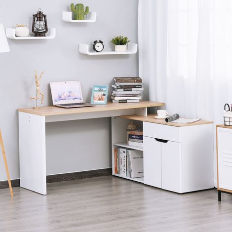 Scrivania modulare multimediale per computer con molteplici scomparti portaoggetti, doppia nicchia, cassetto e armadietto in legno.