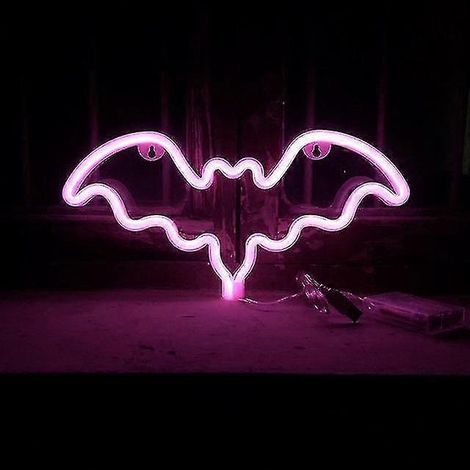 Enseignes lumineuses néon chauve-souris, néons LED roses chauve-souris pour fêtes, décorations d'Halloween pour table, bureau, chambre à coucher, chargement USB et batterie. (1/4)