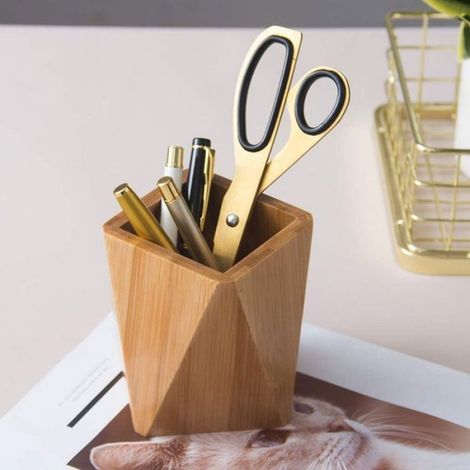 Support de porte-stylo en bois de bambou pour bureau géométrique crayon tasse Pot mignon bureau fournitures de bureau pour enfa (1/5)